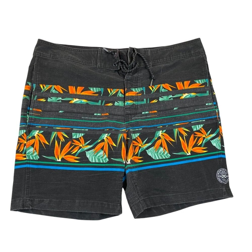 Tony Hawk Mens Swim Board Shorts Size 36 Black Tropical Swimwear Lace Up Casual